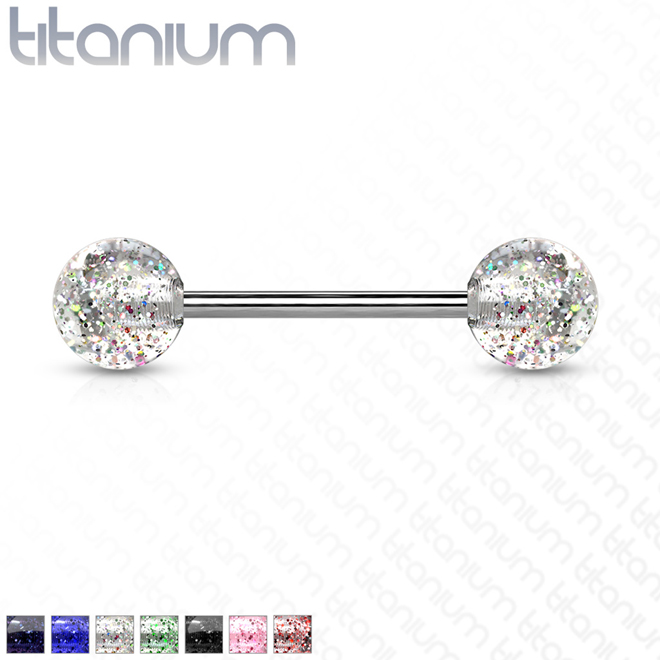 Solid Titanium Tongue Bars with Acrylic Glitter Balls